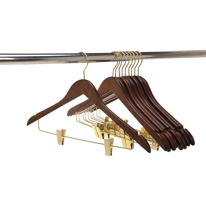 Дерев'яні вішалки для одягу з кліпсами, масивне дерево, вішалка для штанів, міцні металеві кліпси, поворотний гачок, для пальто, куртки, блузи, костюмів (горіх, золотий гачок, 20 шт.)