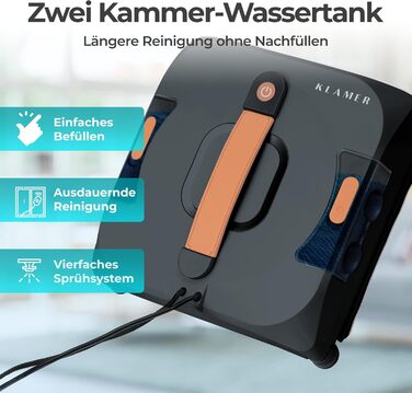 Робот-прибиральник вікон KLAMER 3500 Pa – автоматичний мийник вікон з резервуаром для води 100 мл, функція вологого прибирання, розпізнавання країв, тиха робота 60 дБ, захист від падіння та інтелектуальне планування маршруту (Чорний)