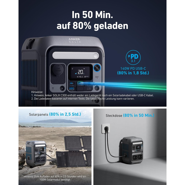 Портативна електростанція Anker SOLIX C300: 288Wh LiFePO4, 300W (макс. 600W), сонячний генератор, 140W швидка зарядка. Для кемпінгу, подорожей, надзвичайних ситуацій. (Сонячна панель опціонально)