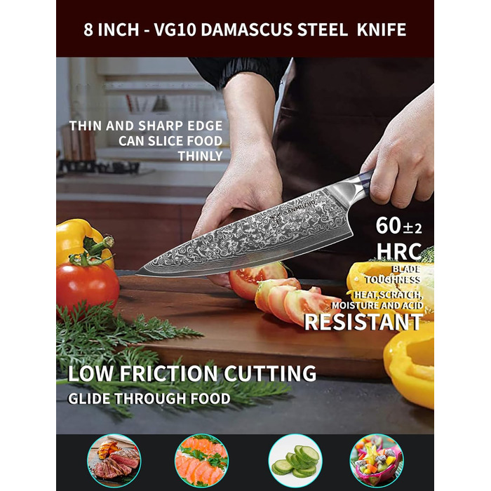 Ніж кухарський 20 см Xuan Серія VG10 Дамаська сталь - ніж для кухні з ручкою з смоли (сапфірово-блакитний)