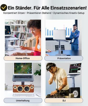 Регульований підставка для ноутбука, стійка для ноутбука на стіл, можливість стоячи, підставка для DJ ноутбука, компактна альтернатива столу, сумісна з MacBook та ноутбуками 13' - 16.5', чорний (сріблястий)