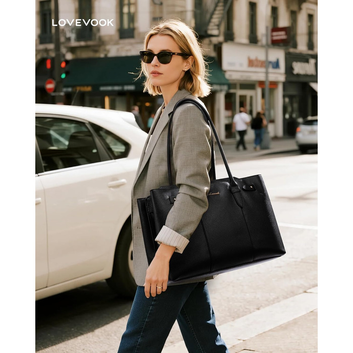 LOVEVOOK Сумка для ноутбука 15.6 дюймів, жіноча, велика, водонепроникна, шкіряна, для роботи, навчання, офісу, універсальна, чорна