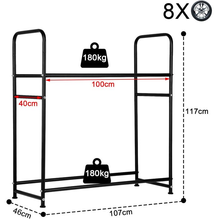 Стійка для шин на 8 шин, 107x46x117 см, для гаража. Місткість 180 кг, з захисною оболонкою. Регулювання висоти.