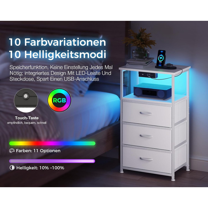 Приліжкова тумбочка Coleshome біла з розеткою, 2 USB, LED-підсвіткою, 3 висувними ящиками та місцем для зберігання, 40x30x70 см