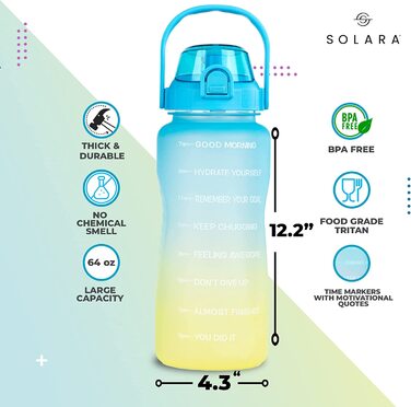 Пляшка для пиття SOLARA з соломкою / пляшка для пиття об'ємом 1 л з позначкою часу / пляшка для води Трітан об'ємом 1 л з позначкою часу герметична пляшка для води об'ємом 1000 мл з соломинкою, що не містить бісфенолу А (жовтий / синій, 2 літри)