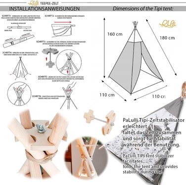 Дитяче намет PaLulli® Tipi з бавовни, з м'яким килимком, системою стабілізації, лампою-ліхтарем та декоративними подушками (сірий зі зірками)