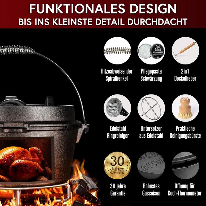 Набір Dutch Oven 4.5л: чавунний горщик для тушкування з ніжками, 2-в-1 кришкою, набором для чищення та рецептами. 30 років гарантії.