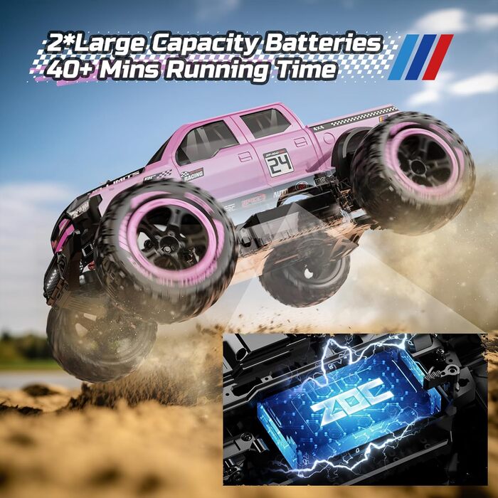 Радіокерований позашляховик DEERC 1:10 4WD 48+ км/год, Monstertruck для дорослих та дітей, рожевий, з 2 акумуляторами