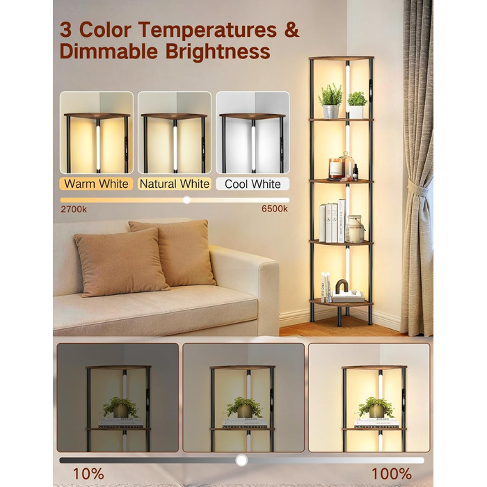 Світлодіодна торшер-полиця з регульованою яскравістю та кольором, пульт ДУ, 5 полиць, кутова, для вітальні, спальні, офісу (Rustikales Braun)