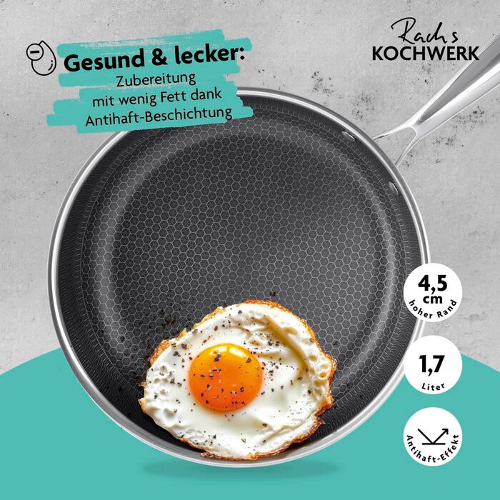 Сковорода Kochwerk Rachs з вафельною структурою ⌀28 см | Сковорода з нержавіючої сталі з антипригарним покриттям та високим бортиком | Підходить для всіх типів плит | Стійка до подряпин та придатна для духовки | З рецептами ⌀28 см