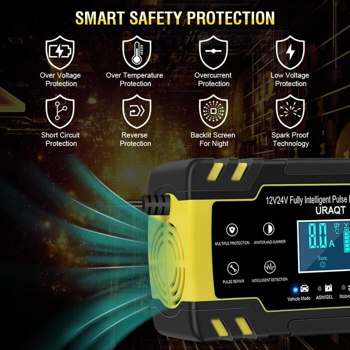 Зарядний пристрій для акумулятора URAQT 8A: 12V/24V, розумна автоматична зарядка для авто, LCD дисплей, режим ремонту, захист, для авто, вантажівок, газонокосарок, човнів