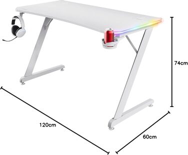 Ігровий стіл Trust Gaming GXT 709W Luminus RGB з підсвічуванням LED, 10 режимів, USB, білий, з тримачем для навушників та напоїв, 120 x 60 см