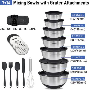 Набір міксерів BEWOS 7 шт. з кришкою, нержавіюча сталь, різні розміри, з терткою, антиковзаюче дно, чорний