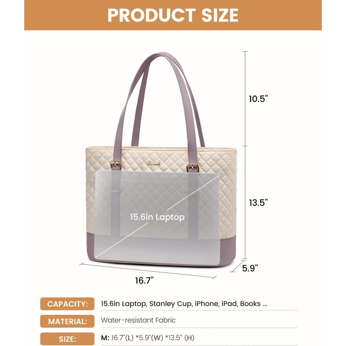 Сумка для ноутбука LOVEVOOK 15.6 дюймів для жінок з відділенням для ланчу, сумка-шоппер, ділова сумка, портфель, сумка для навчання, містка, водонепроникна, для офісу, університету, чорна (15.6 дюймів, Бежевий, Рожевий)