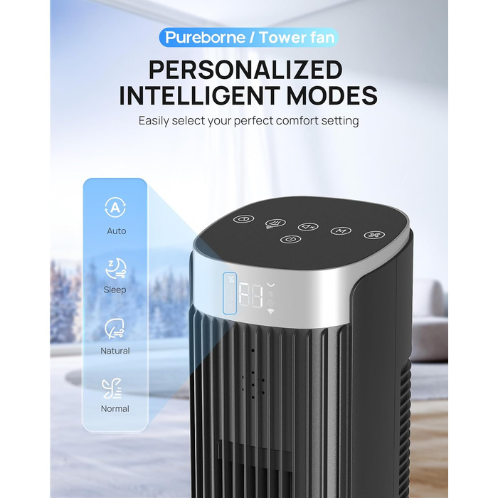 Турбовентилятор Leiser з осциляцією 90°, Wi-Fi, пульт, 4 швидкості, 4 режими, таймер 12 год, чорний, 102 см