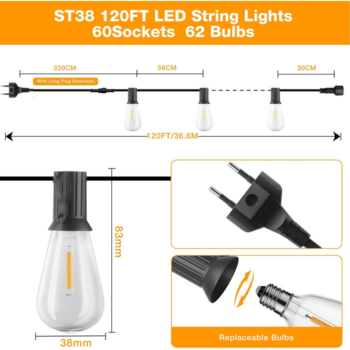 Ланцюжок прикрас GLUROO для вулиці, димування, 45.7м, вологостійкий, з пульт, 75+2 лампочки G40, LED, для саду (36M-ST38)