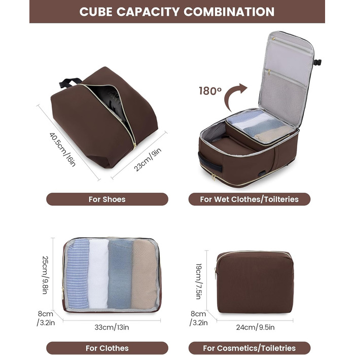 LOVEVOOK Рюкзак для ручної поклажі 40L, жіночий, для подорожей, великий, сумка-рюкзак для ручної поклажі в літак, для ноутбука, водонепроникний, рюкзак для подорожей, з косметичкою, сумка Weekender для подорожей, ділових поїздок (17.3 дюймів, Коричневий, 