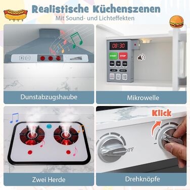 Дерев'яна дитяча кухня DREAMADE з аксесуарами, кухонний куточок з плитою, духовкою, мийкою та дошками для письма, ігровий набір з підсвіткою та звуком для дівчаток від 3 років (білий)