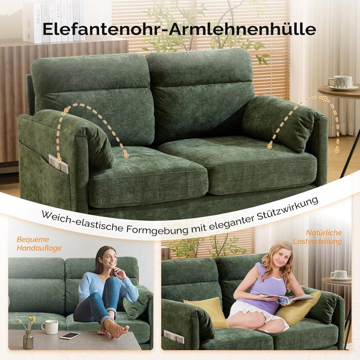 Диван Bonnlo 2-місний, компактний, 125 см, тканинний диван з м'якими підлокітниками, для офісу, вітальні, спальні, кабінету, легка збірка, льон, зелений