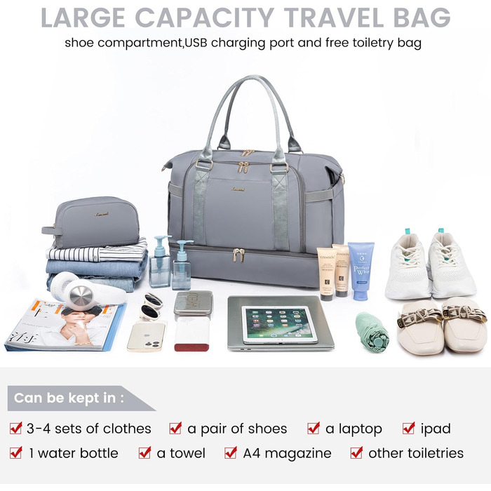 Спортивна сумка LOVEVOOK для подорожей, жіноча дорожня сумка Weekender з косметичкою, відділенням для взуття та мокрих речей, водонепроникна, 37L, сіра