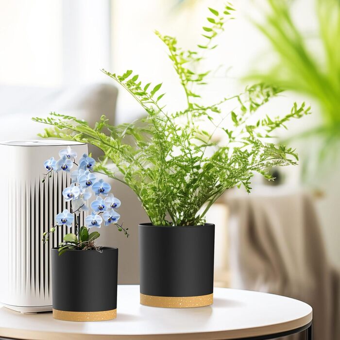 Набір горщиків для квітів 5 шт. з підставками, 17.8/15.2/14/12.7/10.2 см, пластик, для дому та балкону, чорний з коричневою підставкою