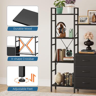 Стильна полиця-стеллаж з 4 висувними ящиками з тканини, 142 см, чорний колір. Ідеально для вітальні, офісу, кухні, балкону. Книжкова полиця, стелаж-куб, полиця для зберігання.