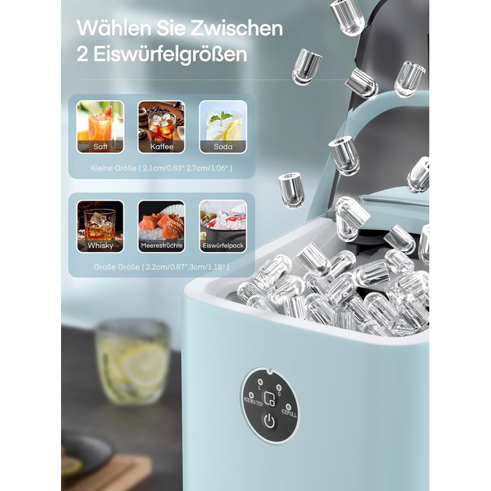 Льодогенератор FOHERE 14 кг/24 год, швидке виробництво льоду (5 хв), 2 розміри кулеподібного льоду, самоочищення, з ручкою, лопаткою та кошиком, для дому, офісу, вечірок (BabyBlue)