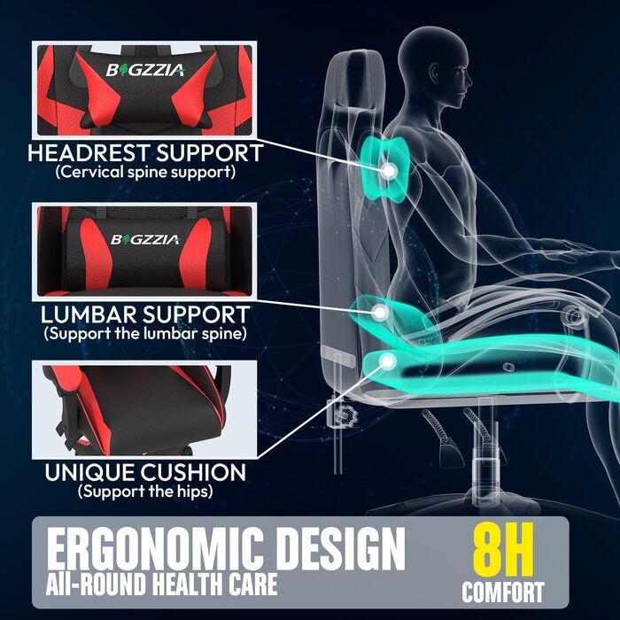 Ігровий крісло Bigzzia Ergonomiczne з підголівником та підлокітниками (Чорно-червоний, з підігрівом)