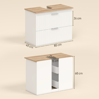 Підвісна шафка під раковину для ванної кімнати, 80 см, з двома великими висувними ящиками (підходить для раковин зі зливом та без), колір білий.