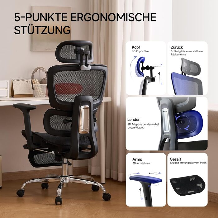 Ергономічне крісло для офісу з підніжкою та подушкою для шиї, 5-рівневе регулювання спинки, 2D підтримка попереку, 3D підлокітники/підголівник, функція нахилу 145°, сітчасте сидіння, гумові колеса (Чорний, Lite)