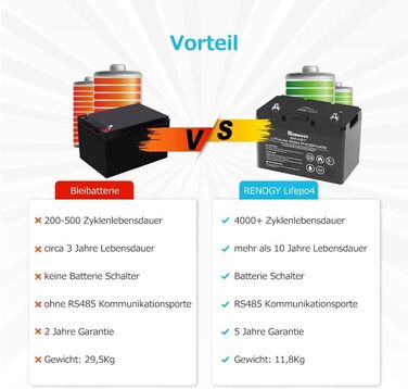 Літієва батарея Renogy LiFePO4 12V 100Ah з Smart BMS - 10 років терміну служби, для автофургонів і кемпінгу