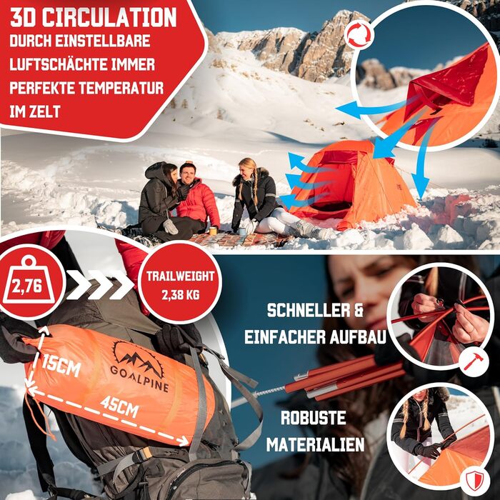 Намет GOALPINE® Expedition I 2-місний помаранчевий: ультралегкий, водонепроникний (4000 мм) для туризму, альпінізму та велопоходів, 3-4 сезони, швидке встановлення