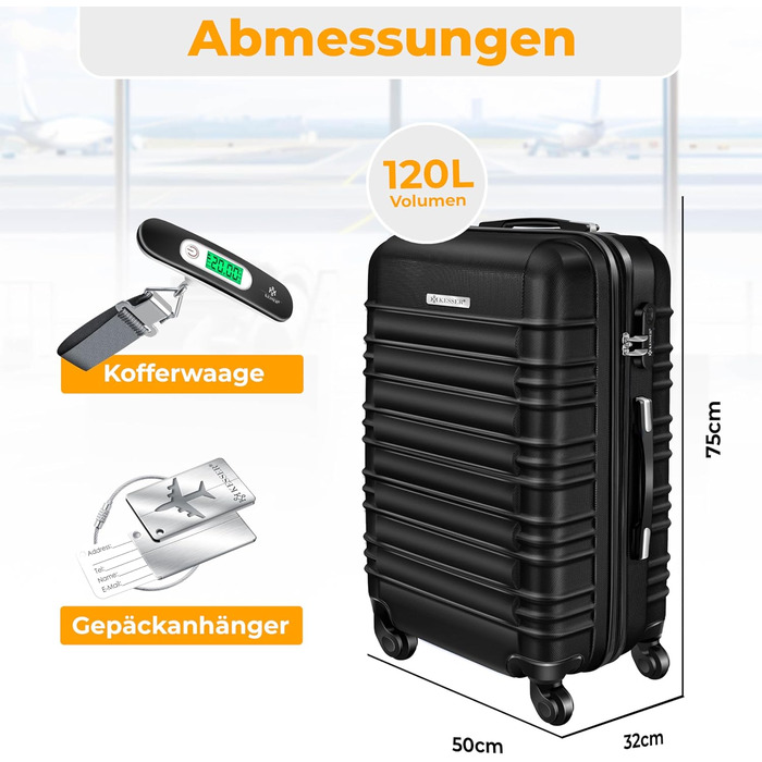 Чемодан KESSER® з жорсткою обшивкою, вагами та багажним жетоном | Валіза-роликовий чемодан з кодовим замком, 4 колеса, ABS, телескопічна ручка (75 см – 120 л)