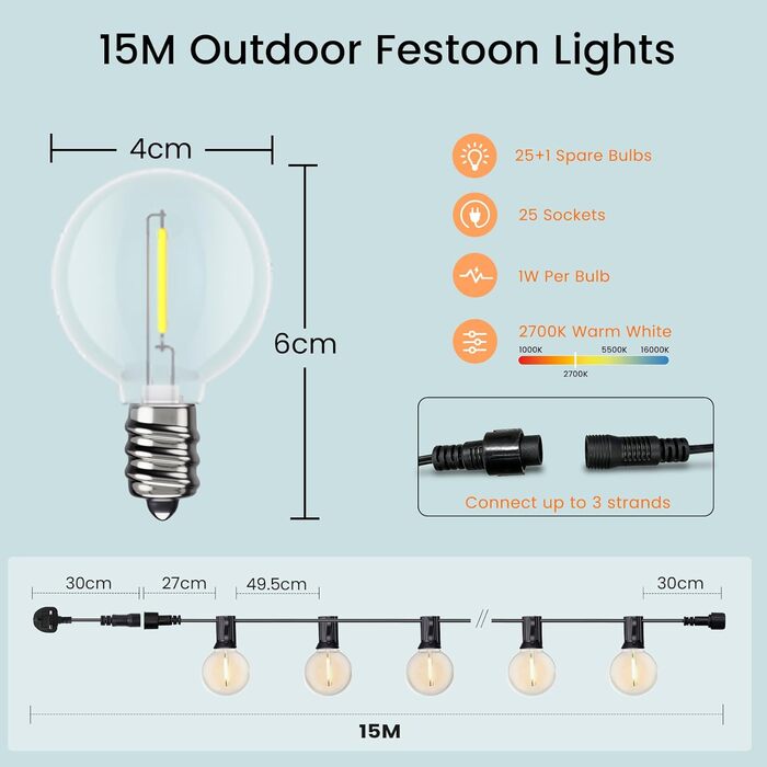 LED гірлянда Bomcosy 60м, 100+4 лампочки G40, IP44, тепле світло для саду, тераси, вечірки, кафе