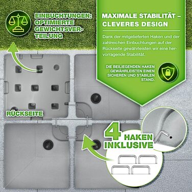 Сонцезахисний стійка Tillvex® 90 літрів / 120 кг – 4 частини для парасольки, з металевим з'єднувачем | Заповнюється водою або піском | Стійка для парасольки Tillvex® вологостійка (Сірий)