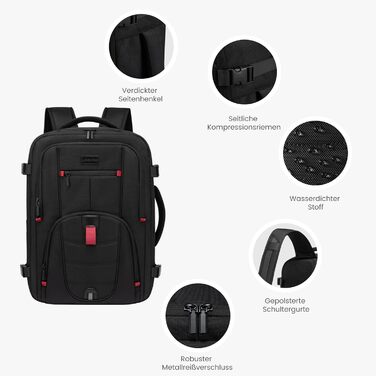 LOVEVOOK Рюкзак для ручної поклажі, дорожній рюкзак чоловічий/жіночий, 40л з відділенням для ноутбука, чорний, 45 x 32 x 20 см