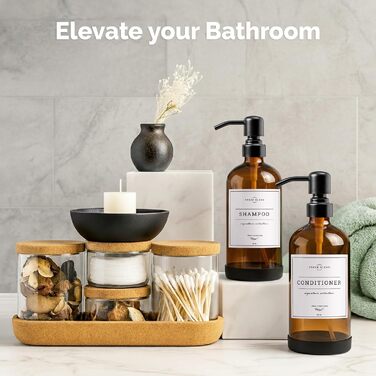 Набір дозаторів для мила 2 шт. для кухні та ванної кімнати, нержавіюча сталь, скло Amber, 475 мл, з водонепроникними етикетками (матова чорна)