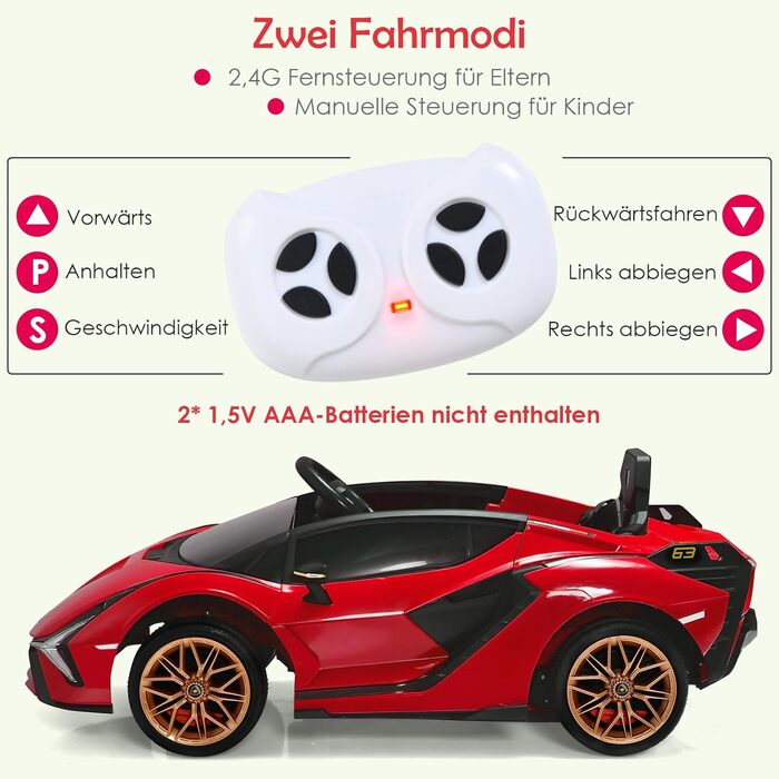 Дитячий електромобіль Lamborghini COSTWAY 12V з пультом, MP3, радіо, LED-фарами, для дітей 3-8 років, червоний