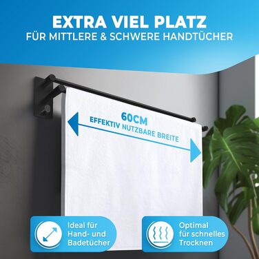 Тримач для рушників без свердління – нержавіюча сталь – подвійний тримач для рушників у ванну кімнату, самоклеючий – рушнична перекладина, тримач для рушників з 2 гачками – для ванної кімнати, душової кабіни, кухні (60 см, Чорний)