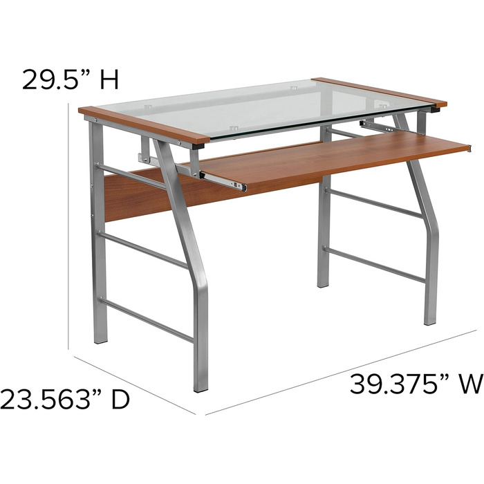 Комп'ютерний стіл Flash Furniture Комп'ютерний скляний стіл з висувним підносом для клавіатури та поперечною рамою Робочий стіл з виглядом вишневого дерева (Cherry)