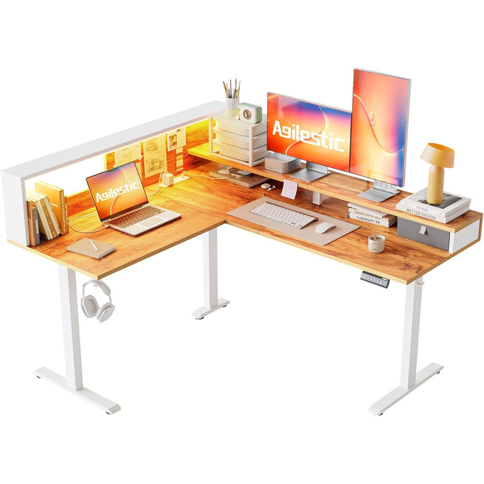 Регульований кутовий стіл Agilestic 160x140 см з LED та розеткою (світло-коричневий)