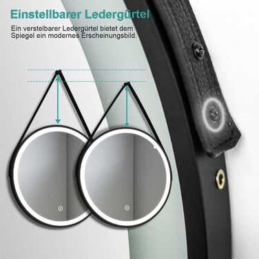 Круглий дзеркало для ванної кімнати EMKE з підсвічуванням 50 см, 3 кольори, диммування, антизапар, пам'ять, сенсорне керування, таймер 3 години, енергозбереження