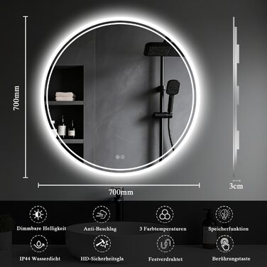 Дзеркало для ванної кімнати з підсвічуванням LED, кругле 50см, сенсорне керування, регулювання яскравості, функція пам'яті, дзеркало з HD склом, захист від вибуху, антизапотівальне покриття, 3 кольори світла, 70x70 см