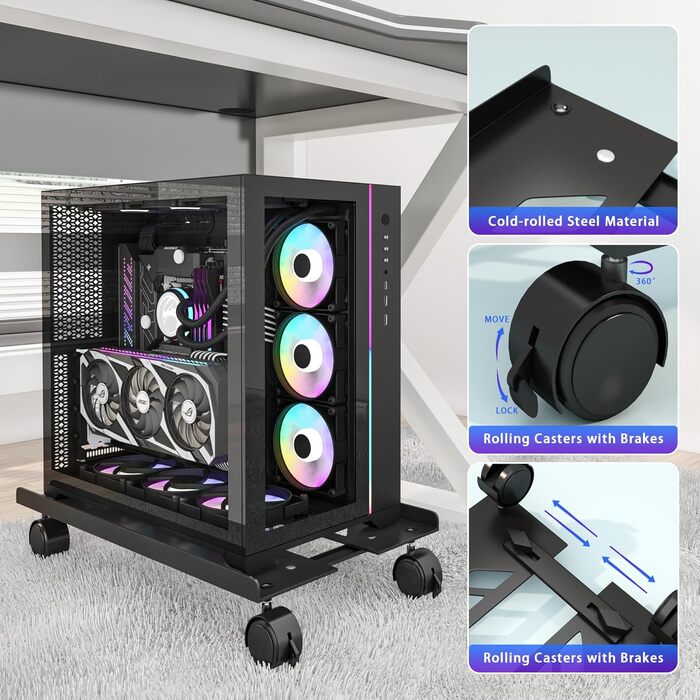 Стійка для ПК з металу, підставка для комп'ютера, регульована підставка для CPU, універсальна мобільна стійка з колесами для під столом