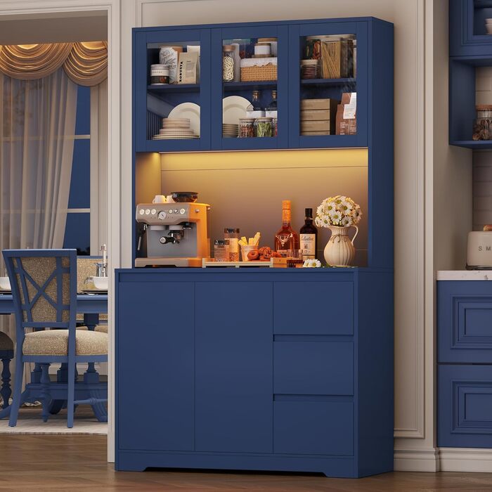 Кухонна шафа FirFurd з LED-підсвіткою, буфет, комод з полицями, стільниця, 3 висувні ящики, 180x100x38.5 см (блакитний)