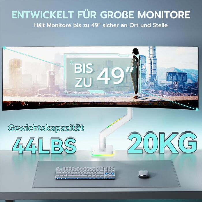 Кріплення для монітора ARES WING Ergonomic RGB, 17-49 дюймів, регульоване по висоті, поворотне, нахильне, RGB LED (білий)