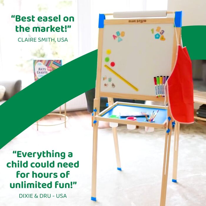 Дитяча мольберт Blue Squid Kinder Staffelei: регульована висота, двостороння, з крейдяною дошкою, білою дошкою, рулоном паперу, 100+ аксесуарів, для дітей 3-12 років, преміум-якість 2025