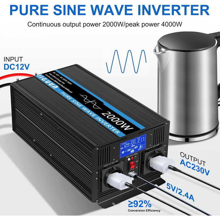 Інверторний перетворювач чистої синусоїди напруги 12 В 230 В із зарядним пристроєм 30 А та схемою пріоритету живлення та ДБЖ, 2 розетки ЄС, бездротовий пульт дистанційного керування та РК-дисплей 2000W12V, 2000W