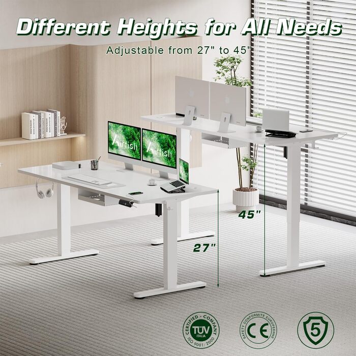 Електричний регульований стіл Airfish 160 x 80 см з USB-C зарядкою, кабелеуправлінням та 3 рівнями пам'яті (білий)