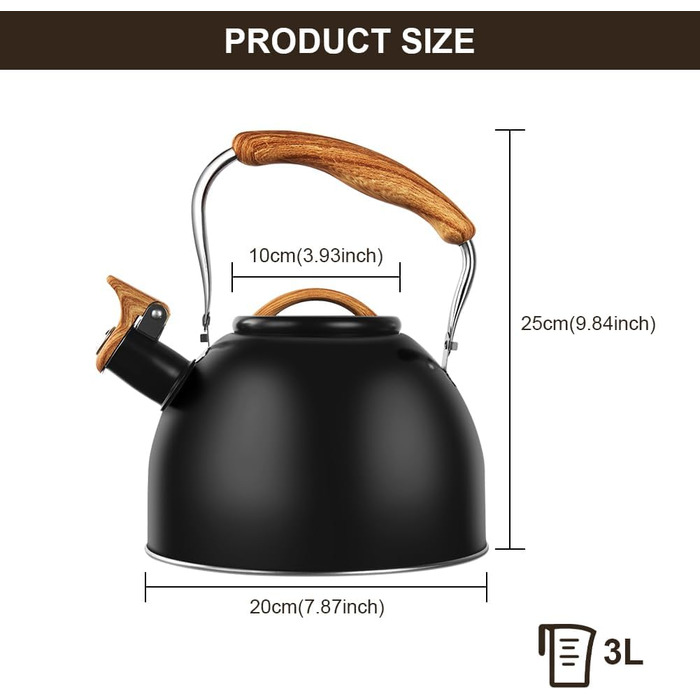 Свистячий чайник Flintronic 3L з нержавіючої сталі з дерев'яною ручкою, чайник для всіх конфорок, чорний